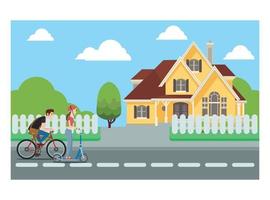 ilustración plana de andar en bicicleta caminando por casas con amigos y familiares. ilustración vectorial adecuada para diagramas, infografías y otros recursos gráficos vector