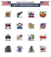 USA Independence Day Flat Filled Line Set of 16 USA Pictograms of american ice drum icecream cap Editable USA Day Vector Design Elements