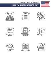 9 Line Signs for USA Independence Day smart phone cell cream cola drink Editable USA Day Vector Design Elements