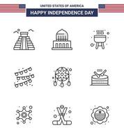 Pack of 9 USA Independence Day Celebration Lines Signs and 4th July Symbols such as western decoration barbecue adornment party decoration Editable USA Day Vector Design Elements