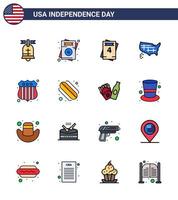 Happy Independence Day 4th July Set of 16 Flat Filled Lines American Pictograph of usa police badge invitation usa states Editable USA Day Vector Design Elements