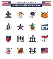 Set of 16 Modern Flat Filled Lines pack on USA Independence Day men transport police spaceship launcher Editable USA Day Vector Design Elements