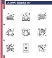 USA Independence Day Line Set of 9 USA Pictograms of building mine usa cart food Editable USA Day Vector Design Elements