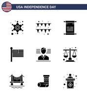 conjunto moderno de 9 glifos y símbolos sólidos en el día de la independencia de estados unidos, como el texto del hombre de la bandera estados unidos elementos de diseño vectorial del día de estados unidos editables vector