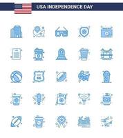 Modern Set of 25 Blues and symbols on USA Independence Day such as calendar sign sunglasses star shield Editable USA Day Vector Design Elements