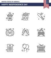 9 USA Line Signs Independence Day Celebration Symbols of wine glass beer baseball festival food Editable USA Day Vector Design Elements