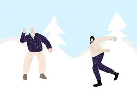 Couple people woman and a  man play snowballs fun game in winter snow landscape illustration. Cartoon friend characters playing outdoors, enjoying frost cold weather. Winter healthy activity concept vector