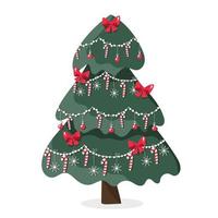 árbol de navidad decorado con guirnaldas de colores, bastones de caramelo, lazos rojos y copos de nieve. ilustración plana aislada en blanco. vector