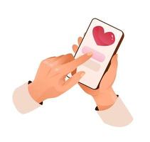 A hand holding a phone with a love message. A message with a heart. Happy Valentine's Day design concept. Vector illustration