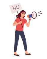 A protesting woman screams through a megaphone. Protesting woman with a poster. Vector illustration isolated on a white background