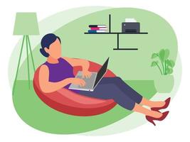 Girl working from home while seating on beanbag vector