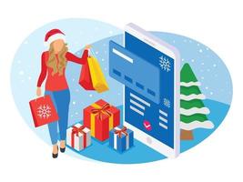 mujer con sombrero de santa con bolsas de compras en la mano como ilustración de venta de compras navideñas. vector