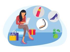 Woman sitting on table doing online shopping illustration. vector