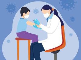 Nurse giving vaccine to boy vector