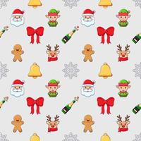 New Year, Christmas, holiday concept. Vivid vector seamless pattern of cartoon bow, Santa Claus, snowflake, champaign. Suitable for web sites, wrapping, postcards
