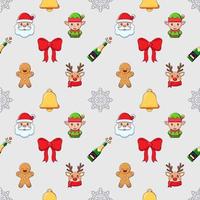 New Year, Christmas, holiday concept. Vivid vector seamless pattern of cartoon bow, Santa Claus, snowflake, champaign. Suitable for web sites, wrapping, postcards