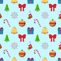 New Year, Christmas, holiday concept. Vivid vector seamless pattern of cartoon bow, tree, snow, sock, bauble, bell. Suitable for web sites, wrapping, postcards