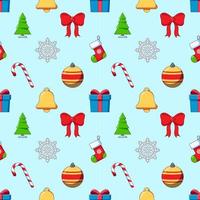 New Year, Christmas, holiday concept. Vivid vector seamless pattern of cartoon bow, tree, snow, sock, bauble, bell. Suitable for web sites, wrapping, postcards