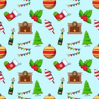 New Year, Christmas, holiday concept. Vivid vector seamless pattern of cartoon fireplace, champaign, tree, garlands, firework. Suitable for web sites, wrapping, postcards