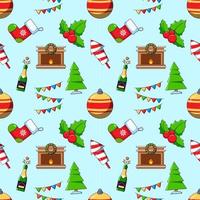 New Year, Christmas, holiday concept. Vivid vector seamless pattern of cartoon fireplace, champaign, tree, garlands, firework. Suitable for web sites, wrapping, postcards