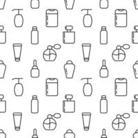 Pattern of bottles of shampoo, liquid soap, perfume made of various line icons. Perfect for web sites, wrapping, printing on different covers vector