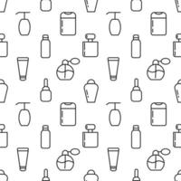 Pattern of bottles of shampoo, liquid soap, perfume made of various line icons. Perfect for web sites, wrapping, printing on different covers vector