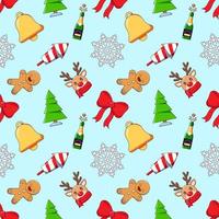 New Year, Christmas, holiday concept. Vivid vector seamless pattern of cartoon deer, bow, snowflake, bell, ginger man, campaign. Suitable for web sites, wrapping, postcards
