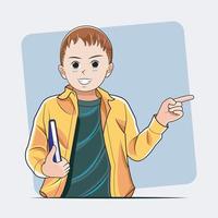 estudio de niños. mano de niño señalando con el dedo en la esquina izquierda con expresión feliz ilustración vectorial descarga profesional