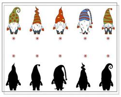 A puzzle game for kids, find the right shadow. Cartoon Christmas Gnome. vector