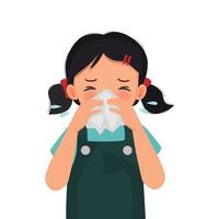 Cute little girl sneezing with flu and cold allergic symptoms blowing nose into tissue paper vector