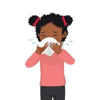 Cute little African girl sneezing with flu and cold allergic symptoms blowing nose into tissue paper vector