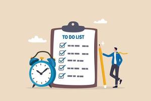 To do list, task management or completion tracking or reminder to finish assignment, work planning or schedule concept, productive businessman with pencil and to do list clipboard with alarm clock. vector