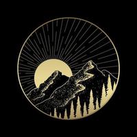 Forest and mountains at night moonlit in hand drawn vector