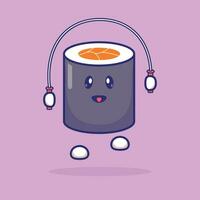 Simple cartoon illustration of sushi character jumping rope. Food concept vector