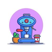 ilustración de icono de vector de dibujos animados de vaina, taza, taza y cactus de la máquina de café. concepto de icono de máquina de café vector premium aislado. estilo de dibujos animados plana