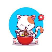 lindo gato comiendo fideos con ilustración de icono de vector de dibujos animados de palillos. concepto de icono de comida animal vector premium aislado. estilo de dibujos animados plana
