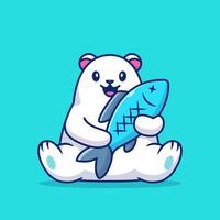 lindo oso polar sosteniendo una ilustración de icono de vector de dibujos animados de peces grandes. concepto de icono de amor animal vector premium aislado. estilo de dibujos animados plana