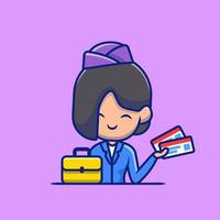 Stewardess With Suitcase And Boarding Pass Cartoon Vector Icon Illustration. People Profession Icon Concept Isolated Premium Vector. Flat Cartoon Style