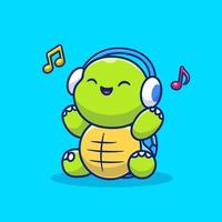 Linda tortuga escuchando música con ilustración de icono de vector de dibujos animados de auriculares. concepto de icono de música animal vector premium aislado. estilo de dibujos animados plana