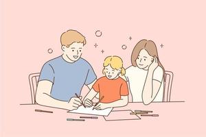 Happy Mother, father and small daughter enjoying painting with pencils at home together. Young family drawing picture on paper. People spending time together with favourite hobby concept