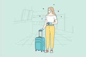 Pandemic influence on travel and airline crisis during covid-19. Lady in face medical mask standing with suitcase in empty airport and checking flight cancellation status on board vector illustration