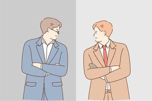 Business competition and confrontation during work concept. Two young men businessmen standing with hands crossed and looking at each other with anger in office vector illustration