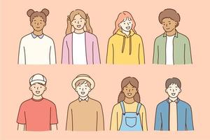 amistad multiétnica, concepto de día internacional de los estudiantes. grupo de alumnos alegres sonrientes o estudiantes de diferentes razas que se sienten felices aislados en la ilustración vectorial de fondo rosa vector