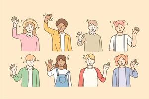 Hello, greeting, mixed race friendship concept. Group of smiling happy children of various races waving their hands to camera and feeling excited vector illustration