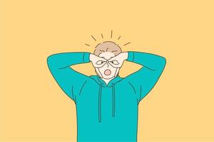 Losing mind, facial expression, weird behaviour concept. Young man in green hoodie feeling crazy covering eyes with fingers as glasses over yellow background vector illustration