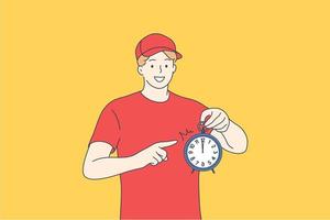 Courier delivery service, being in time concept. Happy young man in red working uniform standing and pointing at alarm clock meaning delivering parcel in time for client on yellow background vector