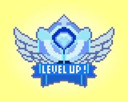 8 bit pixel level-up. Show fonts for game assets and Cross Stitch patterns in vector illustrations.