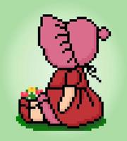 8 bit pixel sitting girl. for game assets and cross stitch patterns in vector illustrations.
