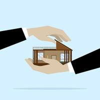 the house in the palm of the entrepreneur with another hand covered to protect as insurance coverage. Home insurance, real estate or property protection, home security concept. vector