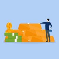 Gold investment concept. Successful investor or businessman standing beside pile of gold bullion. Financial literacy, goal setting. dollars and coins exchanged for piles of gold bullion bars vector